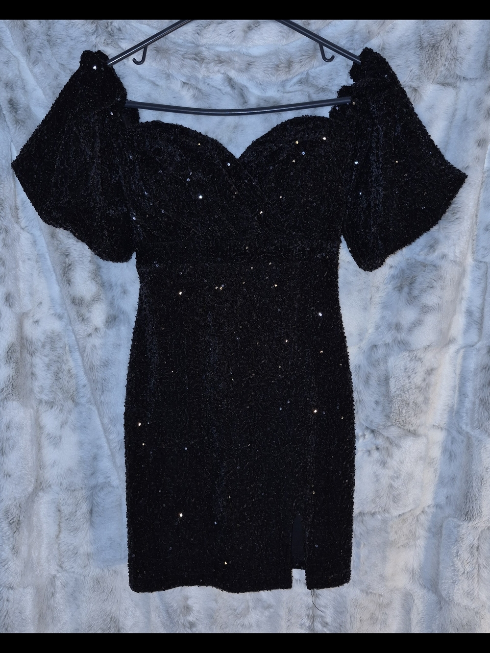 Honey and Rosie Black Sequin Puff-Sleeve Mini Dress
